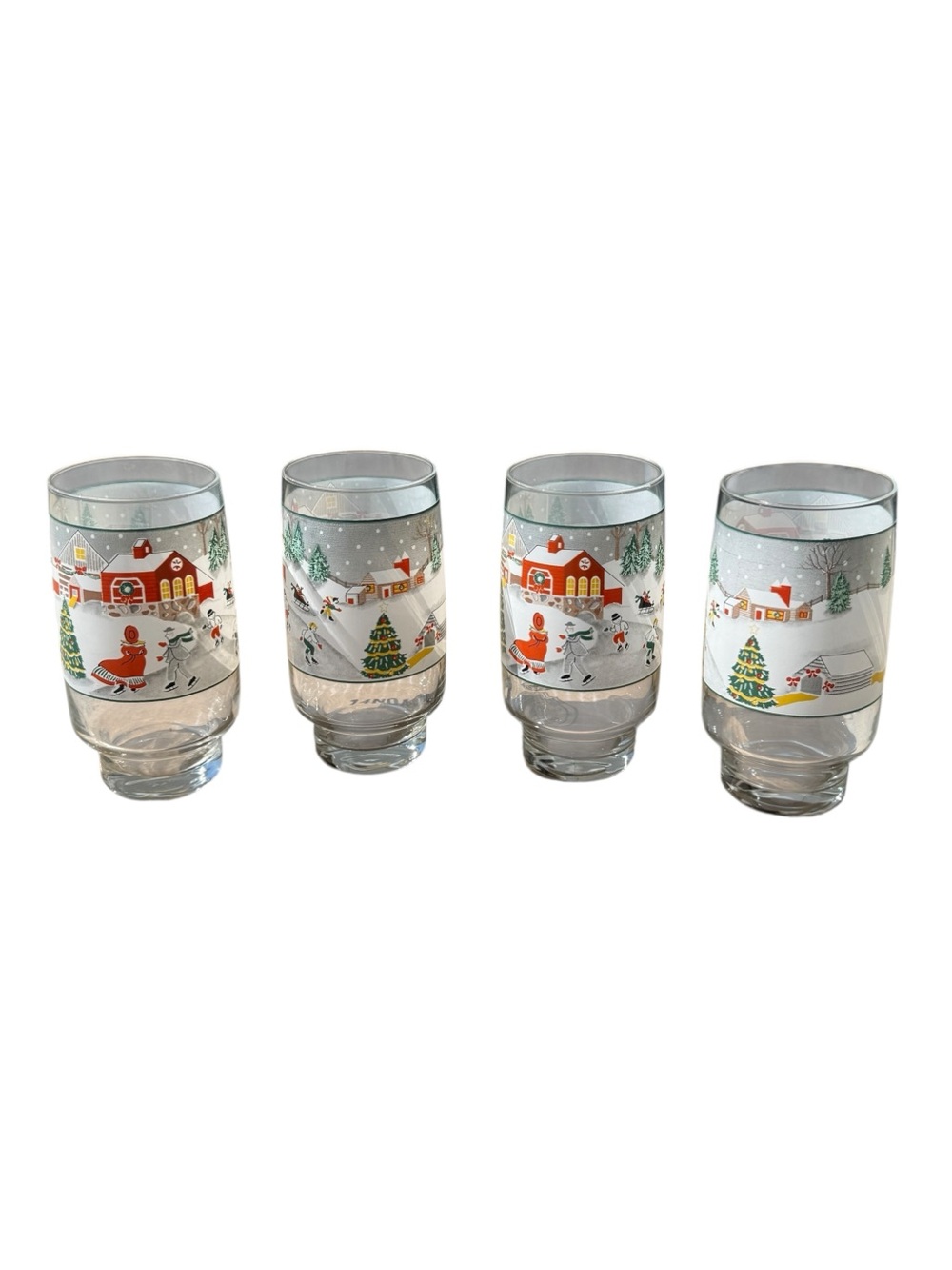 Vintage Sango Silent Night Set 4 Glass Tumblers Christmas Village 14 Oz MCM 6”